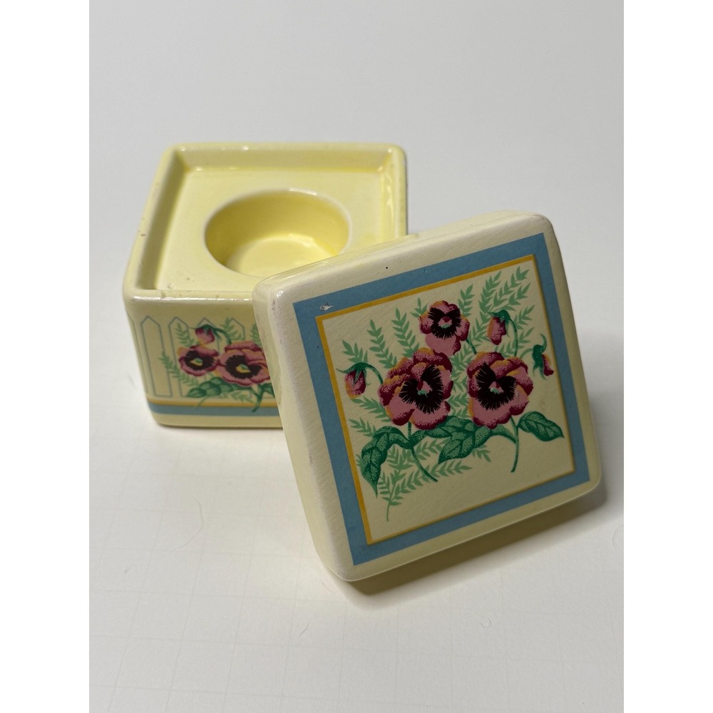 Vintage Pansy Floral Pattern Tea Light Holder With Lid Home Decor, 2.75" Tall